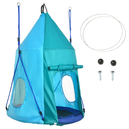 Balançoire nid avec tente, balançoire de jardin Ø 100 cm, balançoire pour enfants avec fenêtre et cordes réglables en longueur, étanche jusqu'à 150 kg, bleu-vert
