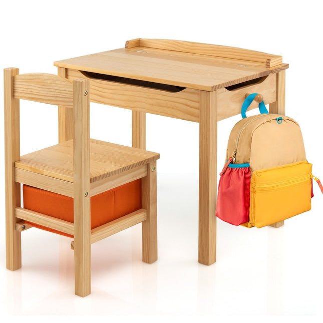 Kindertisch + Stuhl aus Massivholz mit klappbarer Tischplatte &amp; Schublade &amp; Haken natur