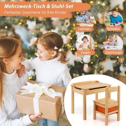 Kindertisch + Stuhl aus Massivholz mit klappbarer Tischplatte &amp; Schublade &amp; Haken natur