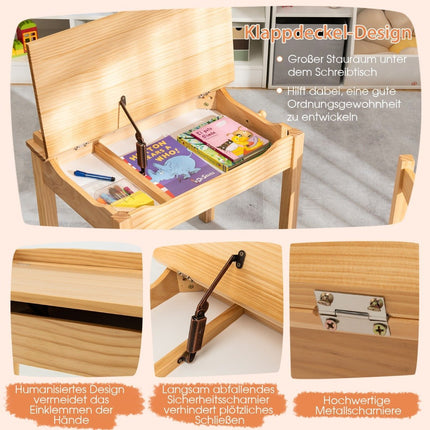 Kindertisch + Stuhl aus Massivholz mit klappbarer Tischplatte &amp; Schublade &amp; Haken natur