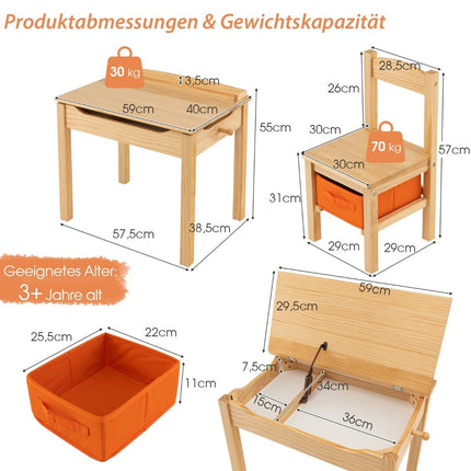 Kindertisch + Stuhl aus Massivholz mit klappbarer Tischplatte &amp; Schublade &amp; Haken natur