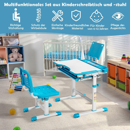 Kindertisch Kinderschreibtisch-Set mit Buchständer &amp; LED-Licht für Jungen und Mädchen Blau