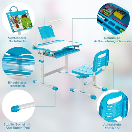 Kindertisch Kinderschreibtisch-Set mit Buchständer &amp; LED-Licht für Jungen und Mädchen Blau