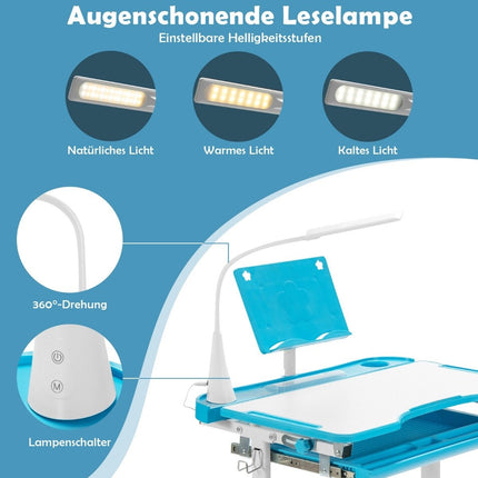 Kindertisch Kinderschreibtisch-Set mit Buchständer &amp; LED-Licht für Jungen und Mädchen Blau
