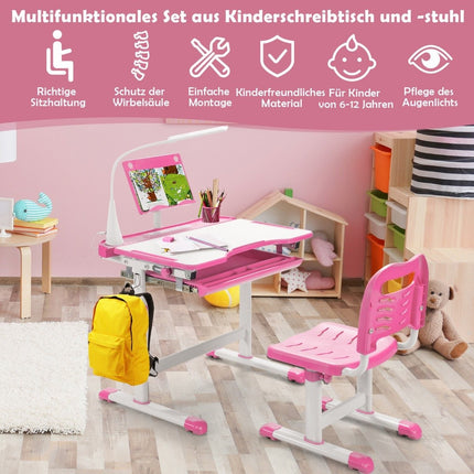 Kindertisch Kinderschreibtisch-Set mit Buchständer und LED-Licht für Jungen und Mädchen Rosa