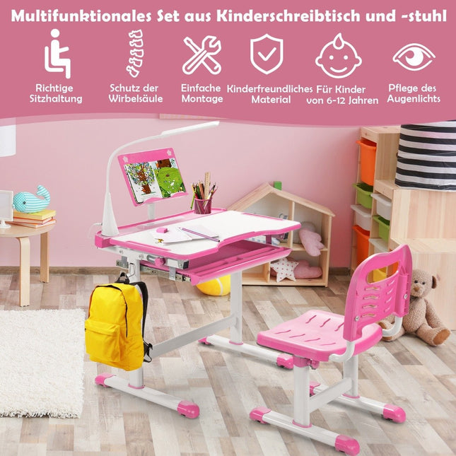 Kindertisch Kinderschreibtisch-Set mit Buchständer und LED-Licht für Jungen und Mädchen Rosa