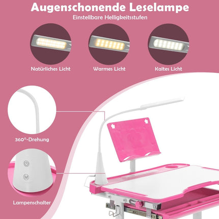 Kindertisch Kinderschreibtisch-Set mit Buchständer und LED-Licht für Jungen und Mädchen Rosa