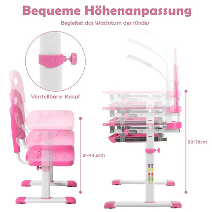Kindertisch Kinderschreibtisch-Set mit Buchständer und LED-Licht für Jungen und Mädchen Rosa