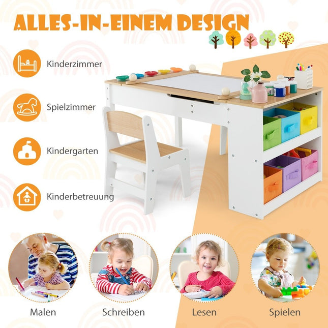 Kindertisch mit 2 Stühlen 3 in 1 Aktivitätstisch &amp; Staffelei aus Holz mit hochklappbarer Tischplatte Natur