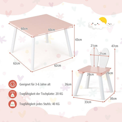 Children's table with 2 chairs 3 pieces. Children's seating group with pink solid wood legs