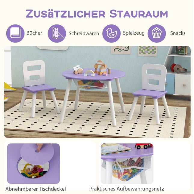 Kindertisch mit 2 Stühlen 3 tlg. Kindersitzgruppe aus Holz, Kindersitzgruppe mit abnehmbarer Tischauflage, Lila