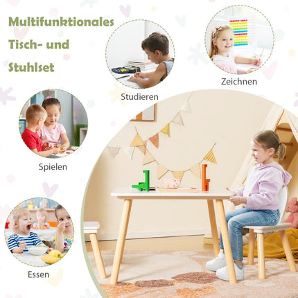 Kindertisch mit 2 Stühlen (3er Set). Kindersitzgruppe mit Massivholzbeinen und Hasenohren-Rückenlehne.