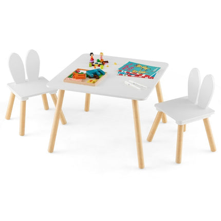 Kindertisch mit 2 Stühlen (3er Set). Kindersitzgruppe mit Massivholzbeinen und Hasenohren-Rückenlehne.