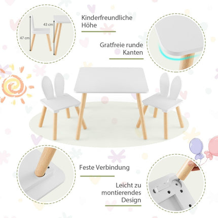 Kindertisch mit 2 Stühlen (3er Set). Kindersitzgruppe mit Massivholzbeinen und Hasenohren-Rückenlehne.