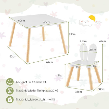 Kindertisch mit 2 Stühlen (3er Set). Kindersitzgruppe mit Massivholzbeinen und Hasenohren-Rückenlehne.