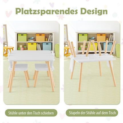 Kindertisch mit 2 Stühlen (3er Set). Kindersitzgruppe mit Massivholzbeinen und Hasenohren-Rückenlehne.
