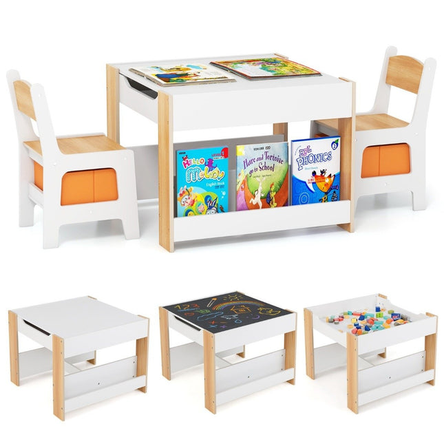 Table pour enfants avec 2 chaises et plateau de table réversible et étagères Ensemble de sièges pour enfants 3 pièces naturel