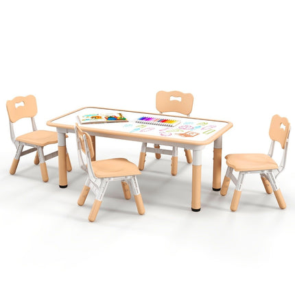 Children's table with 4 chairs set with graffiti table top. Height-adjustable children's seating group natural