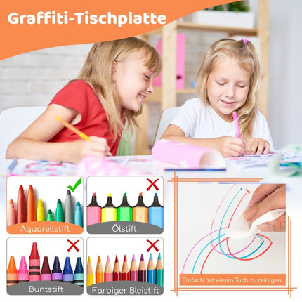 Children's table with 4 chairs set with graffiti table top. Height-adjustable children's seating group natural