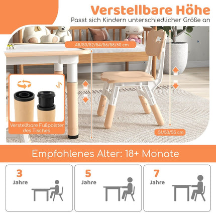 Children's table with 4 chairs set with graffiti table top. Height-adjustable children's seating group natural