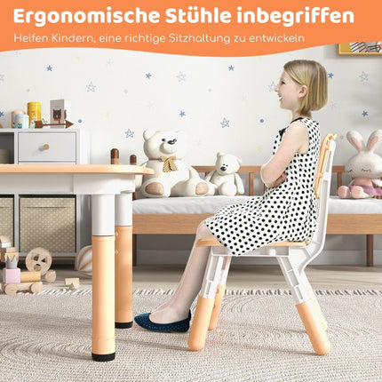 Children's table with 4 chairs set with graffiti table top. Height-adjustable children's seating group natural
