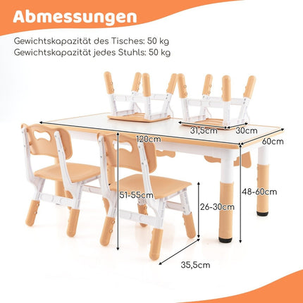 Children's table with 4 chairs set with graffiti table top. Height-adjustable children's seating group natural