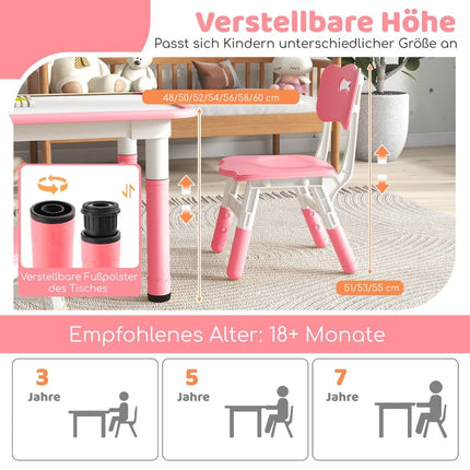 Kindertisch mit 4 Stühlen Set mit Graffiti Tischplatte. Höhenverstellbare Kindersitzgruppe rosa