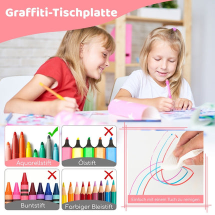 Kindertisch mit 4 Stühlen Set mit Graffiti Tischplatte. Höhenverstellbare Kindersitzgruppe rosa