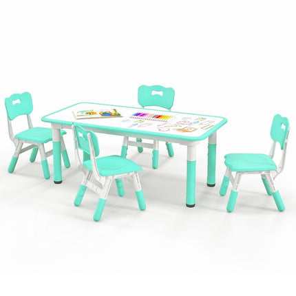 Children's table with 4 chairs set with graffiti table top, height-adjustable children's seating group, green