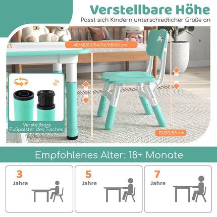 Children's table with 4 chairs set with graffiti table top, height-adjustable children's seating group, green
