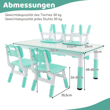 Children's table with 4 chairs set with graffiti table top, height-adjustable children's seating group, green