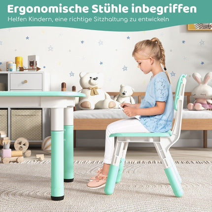 Children's table with 4 chairs set with graffiti table top, height-adjustable children's seating group, green