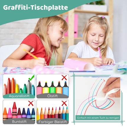 Children's table with 4 chairs set with graffiti table top, height-adjustable children's seating group, green