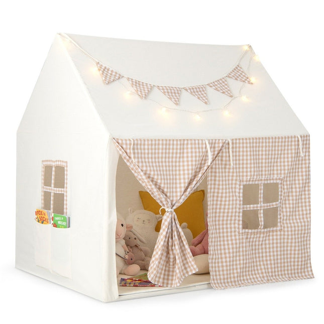 Kinderzelt für drinnen, Kinderspielhaus mit Matte &amp; Lichtern, 125 x 100 x 127 cm, beige
