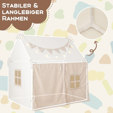 Kinderzelt für drinnen, Kinderspielhaus mit Matte &amp; Lichtern, 125 x 100 x 127 cm, beige