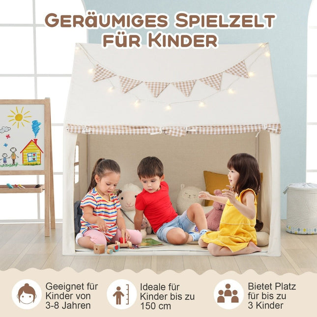 Kinderzelt für drinnen, Kinderspielhaus mit Matte &amp; Lichtern, 125 x 100 x 127 cm, beige