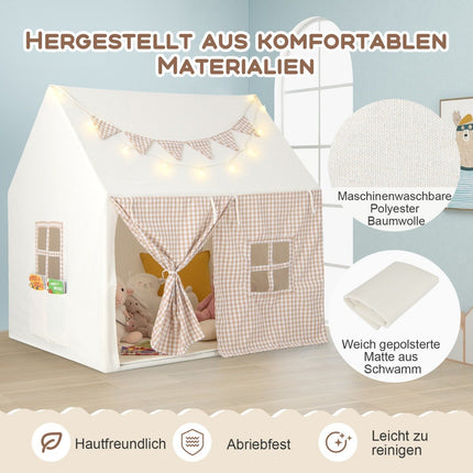 Kinderzelt für drinnen, Kinderspielhaus mit Matte &amp; Lichtern, 125 x 100 x 127 cm, beige