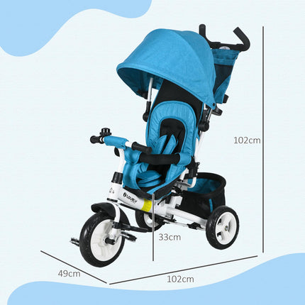 Children's tricycle, children's bike, back basket, cup holder, sun canopy, metal, blue