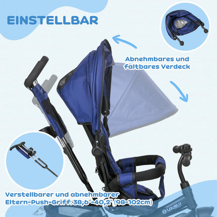 Kleinkind-Dreirad mit Schubstange, Sonnenverdeck, Dunkelblau
