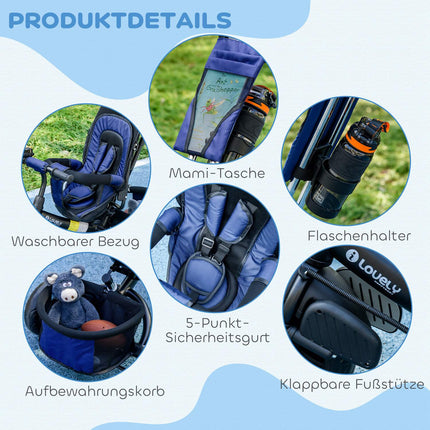 Kleinkind-Dreirad mit Schubstange, Sonnenverdeck, Dunkelblau