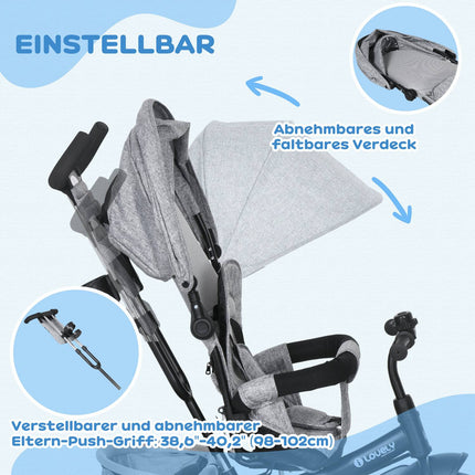Kleinkinderdreirad mit Schiebestange, Sonnendach, Grau