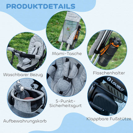 Kleinkinderdreirad mit Schiebestange, Sonnendach, Grau