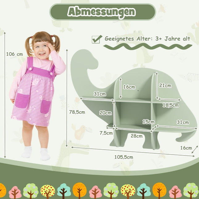 Kinder Wandbücherregal mit 2 Regalböden und 6 offenen Fächern, Holz-Dinosaurier-Kinderregal