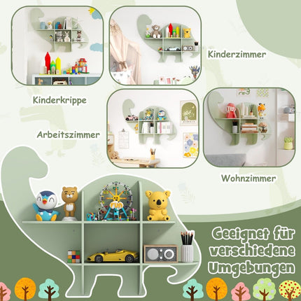 Kinder Wandbücherregal mit 2 Regalböden und 6 offenen Fächern, Holz-Dinosaurier-Kinderregal