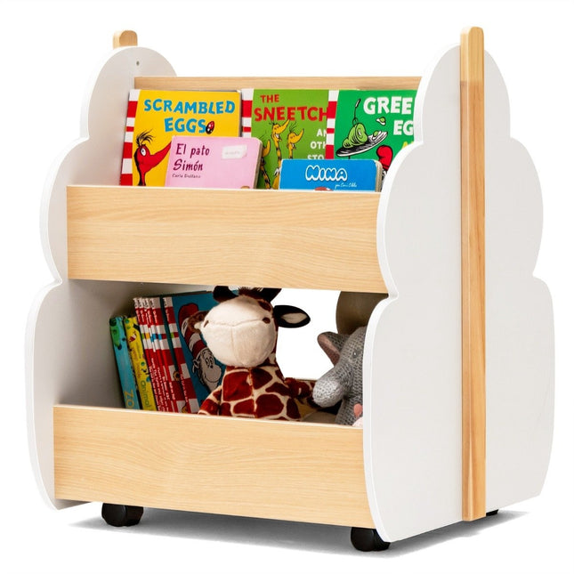 Children's wooden bookcase with universal wheels 2 levels toy shelf on wheels white + natural