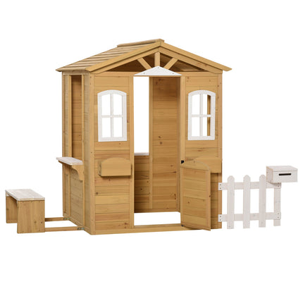 Kinder-Holzspielhaus Outdoor-Spielhaus mit Tür, Fenster und Blumenkasten-Briefkastenbank für Kinder von 3-6 Jahren