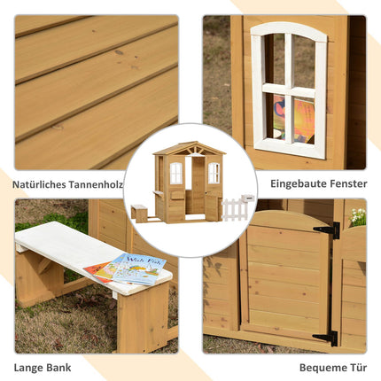 Kinder-Holzspielhaus Outdoor-Spielhaus mit Tür, Fenster und Blumenkasten-Briefkastenbank für Kinder von 3-6 Jahren