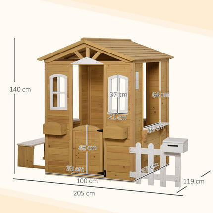 Kinder-Holzspielhaus Outdoor-Spielhaus mit Tür, Fenster und Blumenkasten-Briefkastenbank für Kinder von 3-6 Jahren
