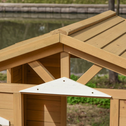 Kinder-Holzspielhaus Outdoor-Spielhaus mit Tür, Fenster und Blumenkasten-Briefkastenbank für Kinder von 3-6 Jahren