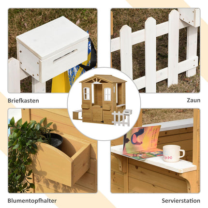 Kinder-Holzspielhaus Outdoor-Spielhaus mit Tür, Fenster und Blumenkasten-Briefkastenbank für Kinder von 3-6 Jahren